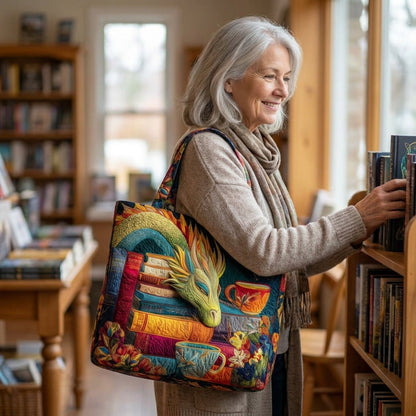 Artisan Tote - Dragon Reader with Books and Mugs