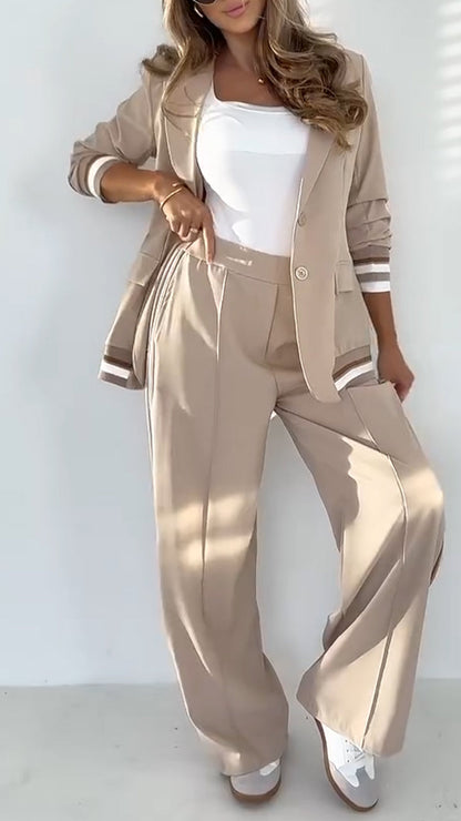 Kayla - Women's Lapel Solid Color Striped Casual Suit