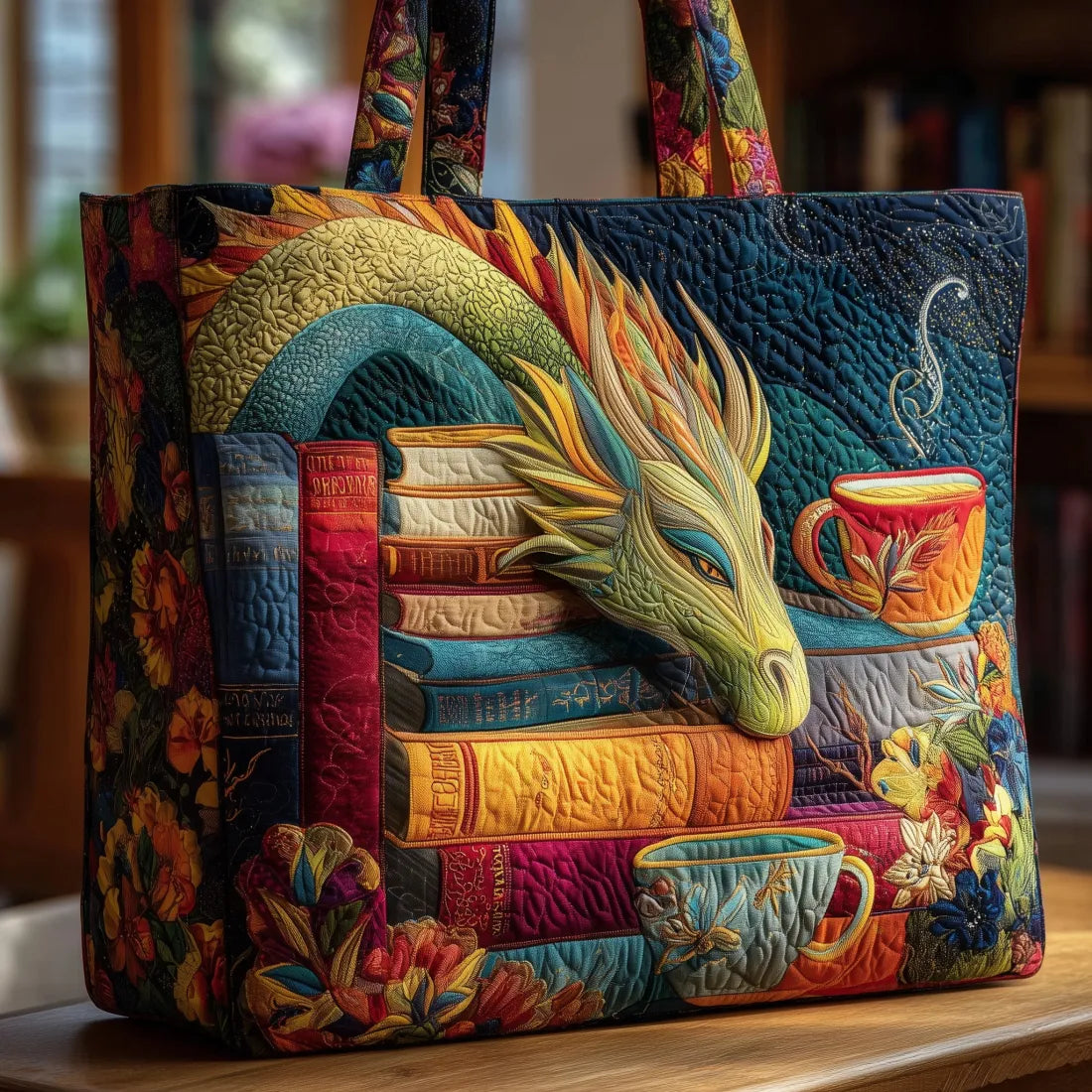 Artisan Tote - Dragon Reader with Books and Mugs