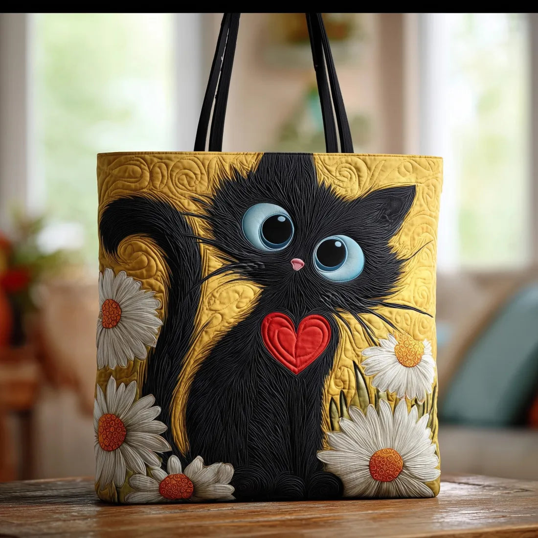 Artisanal Tote Bag - Black Cat with Daisies