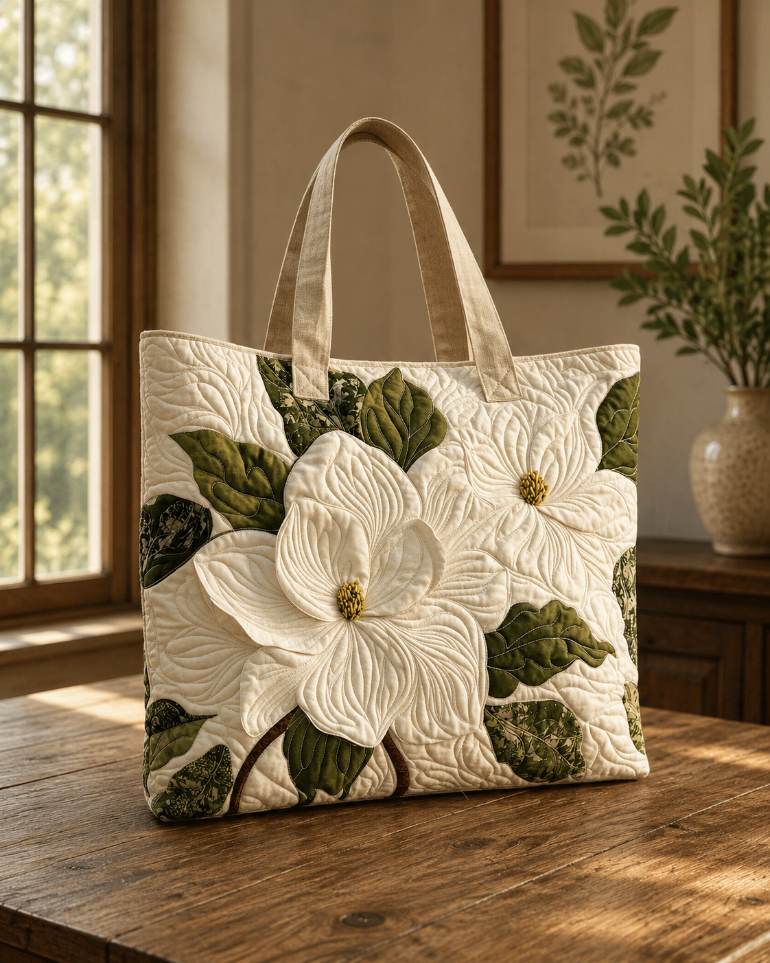 Artisanal Quilted Tote Bag - Elegant White Lilies