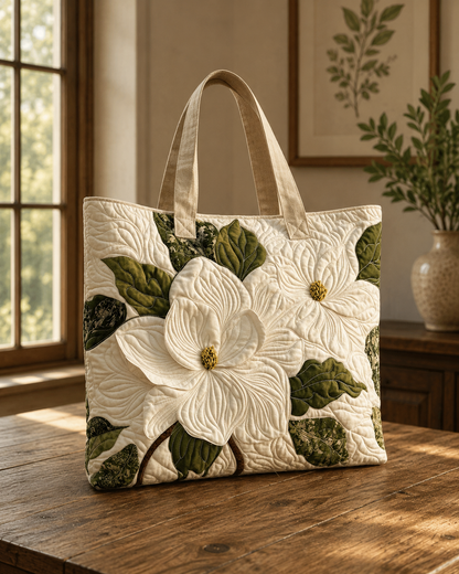 Artisanal Quilted Tote Bag - Elegant White Lilies