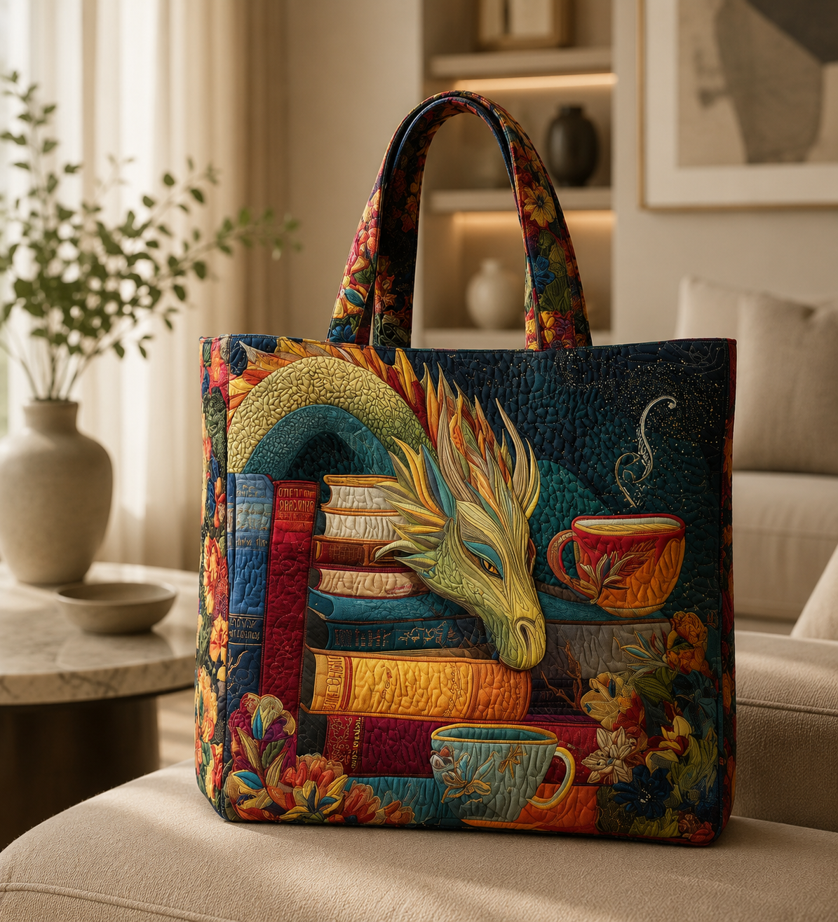 Artisan Tote - Dragon Reader with Books and Mugs
