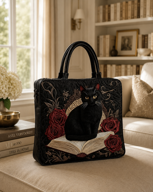 Quilted Craftswoman Bag - Black Cat on Books