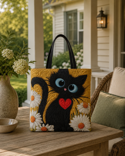 Artisanal Tote Bag - Black Cat with Daisies