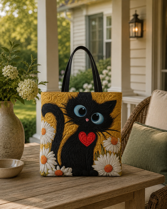 Artisanal Tote Bag - Black Cat with Daisies